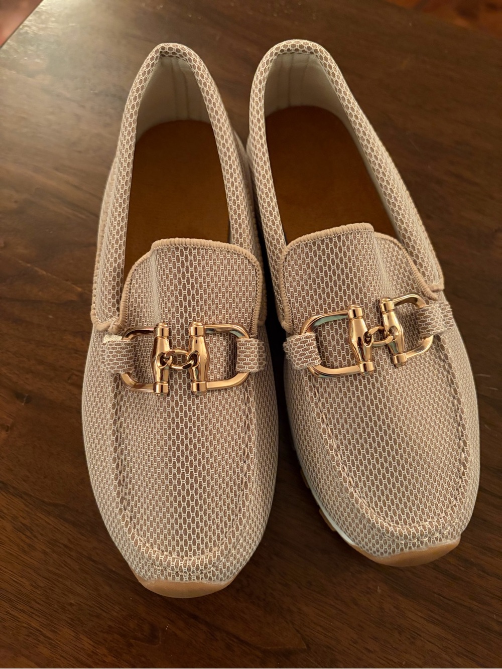 Women’s Beige Mesh Slip-On Loafers with Gold Buckle